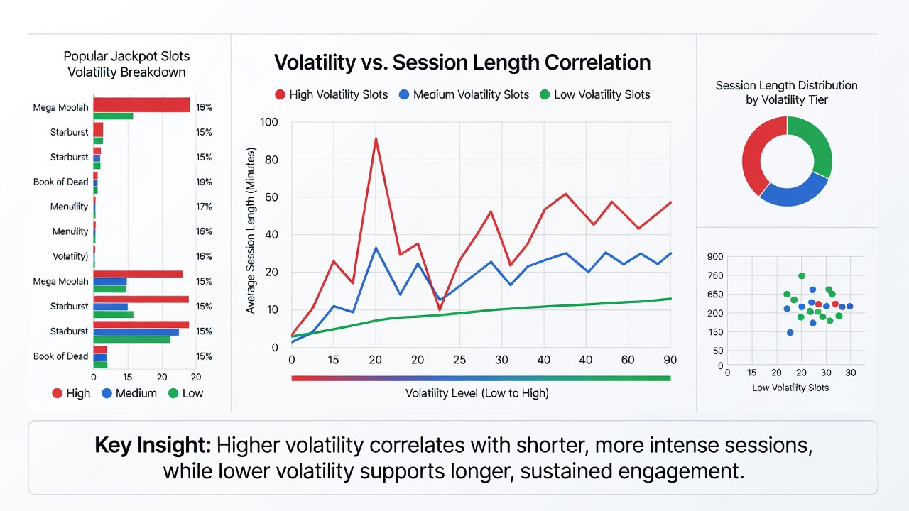 Graph comparing average session durations for high, medium, and low volatility jackpot slots based on 2025 transaction data