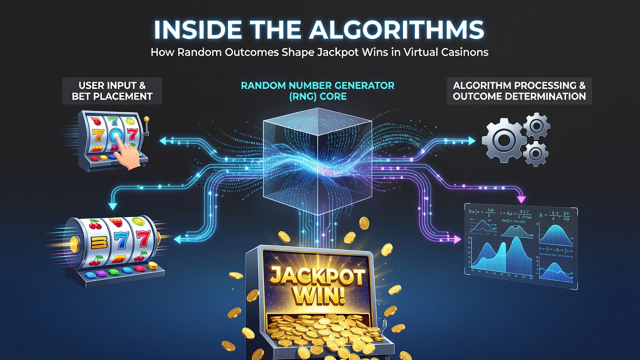 Illustration of progressive jackpot accumulation across connected virtual casino networks with probability mapping