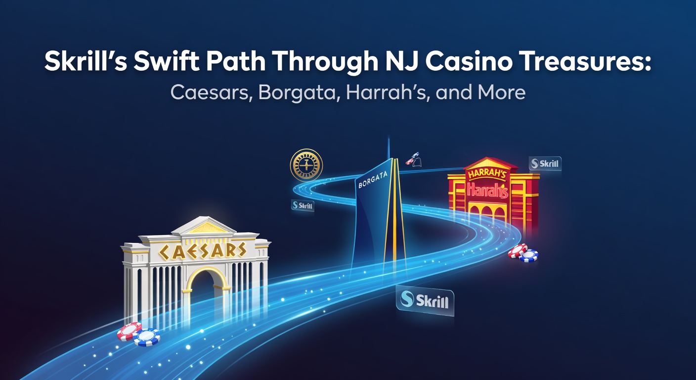 Skrill e-wallet interface integrated with New Jersey online casino platforms, highlighting quick deposit buttons for Caesars, Borgata, and Harrah's
