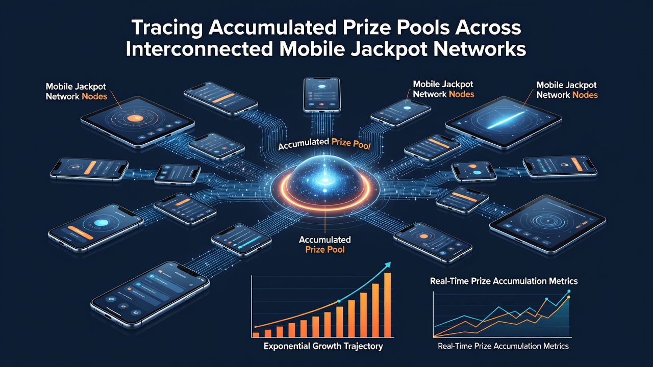 Illustration of mobile devices connected to a central jackpot server showing real-time prize pool updates