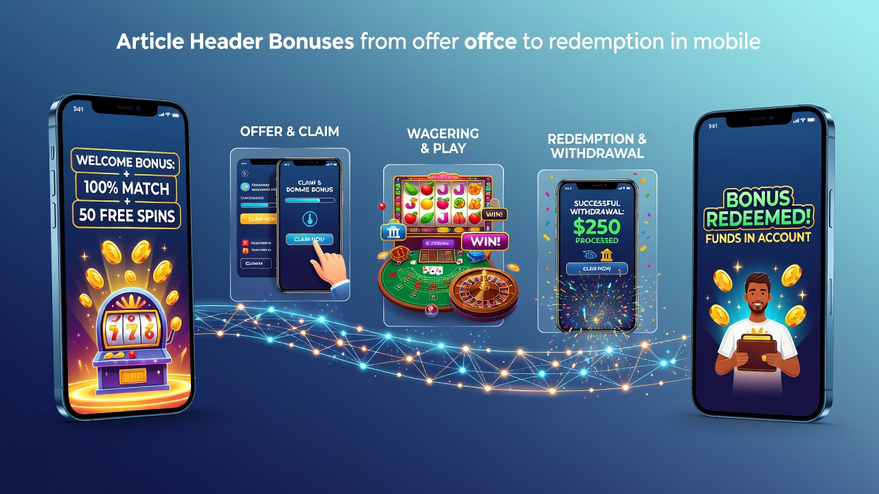 Mobile casino app interface showing bonus offers and redemption steps on a smartphone screen